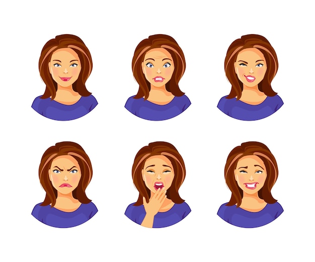 Vecteur ensemble de jeune femme avec différentes expressions faciales et émotions