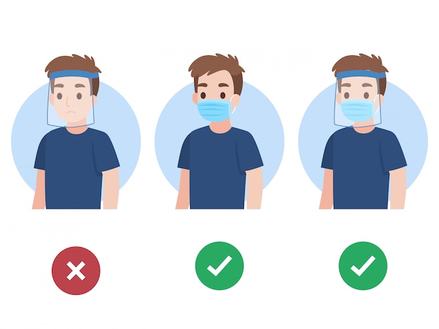 Vecteur ensemble de jeune homme portant un masque facial médical protecteur et un écran facial