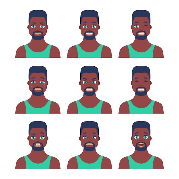 Ensemble de jeune icône masculine avec des émotions dans les portraits de personnages africains de style dessin animé