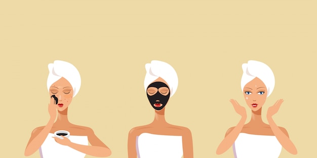 Ensemble De Jeunes Femmes Appliquant Des Masques Noirs Filles Enveloppées Dans Une Serviette De Soins De La Peau Spa Concept De Traitement Facial Portrait Horizontal