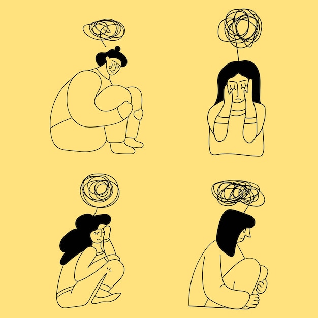 Ensemble De Jeunes Filles Confuses Ressentant Du Stress. Illustrations De Contour Vectoriel Sur Fond Jaune.