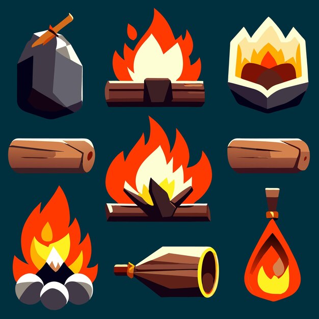 Vecteur ensemble de jeux de style dessin animé de sprites de feu de camp pour jeu d'animation