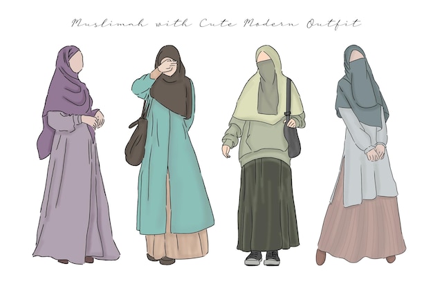 un ensemble de jolie femme musulmane avec un personnage de tenue moderne syari