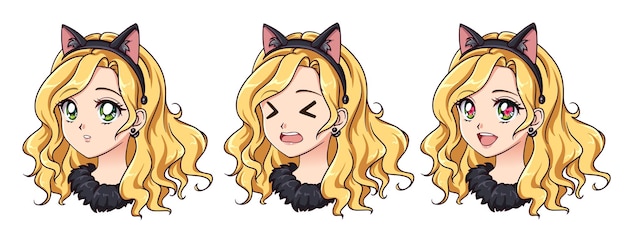 Un Ensemble De Jolie Fille Anime Portant Un Costume De Chat Avec Différentes Expressions Cheveux Blonds Grands Yeux Verts Illustration Vectorielle Anime Rétro Dessinés à La Main Peut être Utilisé Pour Les Autocollants D'avatar, Les Badges, Les Impressions, Etc.