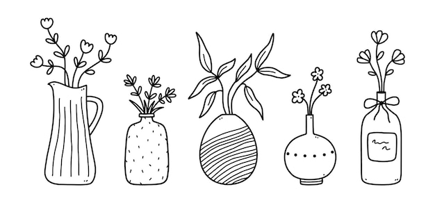 Ensemble de jolies fleurs et brindilles dans des vases en céramique isolés sur fond blanc