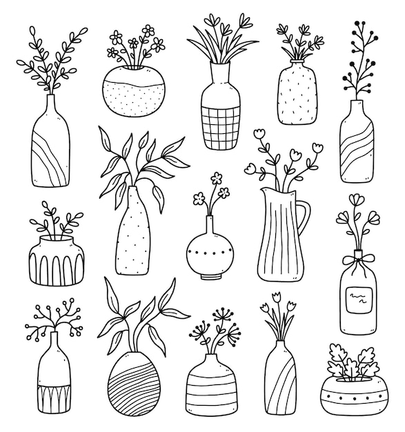 Ensemble de jolies fleurs et brindilles dans des vases modernes en céramique Illustration dessinée à la main dans un style doodle