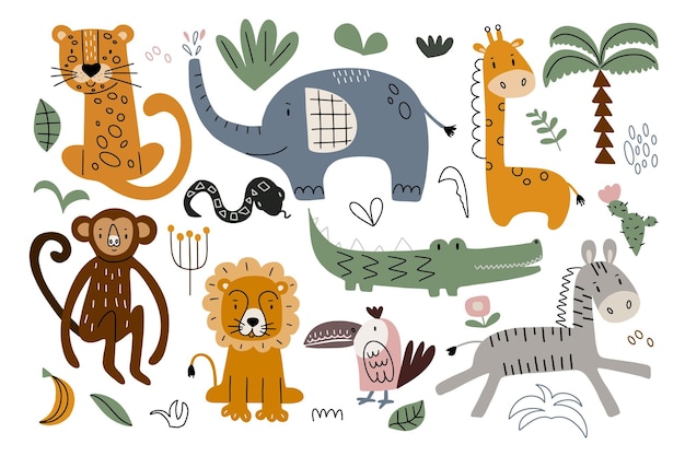 Ensemble Avec De Jolis Animaux Et Plantes De La Jungle. Illustration Vectorielle Isolée Sur Fond Blanc Pour Votre D