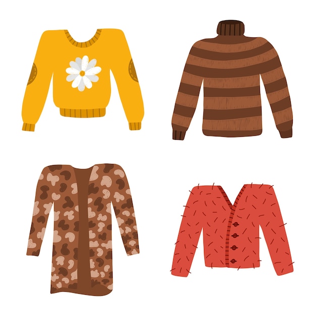 Vecteur ensemble de jolis chandails d'automne, pulls et cardigans pour temps froid ensemble de vêtements chauds en laine tricotés avec divers imprimés et dessins hygge illustration dessinée à la main isolée sur fond