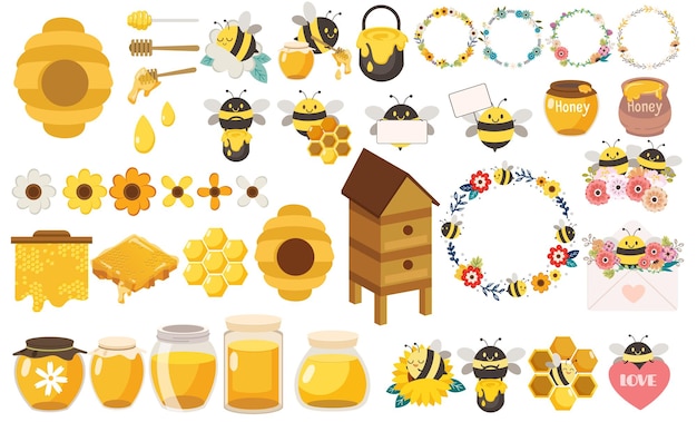 Ensemble De Jolis Pots D'abeilles De Miel D'abeilles Et De Fleurs Dans Un Style Vectoriel Plat Ressource Graphique Sur Nat