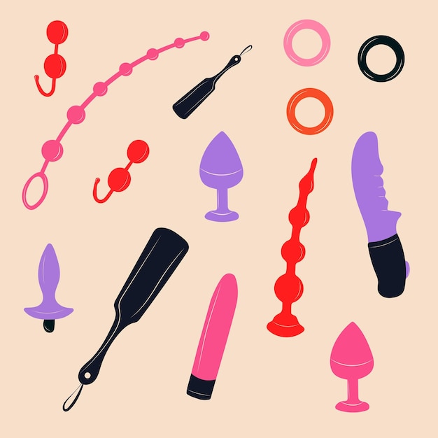 Ensemble De Jouets Sexuels. Ensemble De Jouets Pour Adultes. Accessoires Pour Le Sexe. Vecteur Défini Dans Le Style De Dessin Animé.