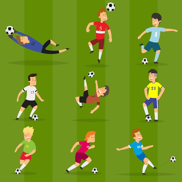 Vecteur ensemble de joueurs de football colorés sur différentes positions jouant au football sur un champ vert