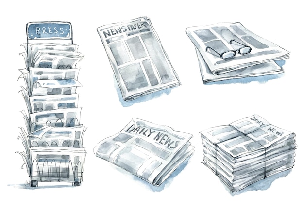 Vecteur ensemble de journaux, illustration aquarelle de stand de presse