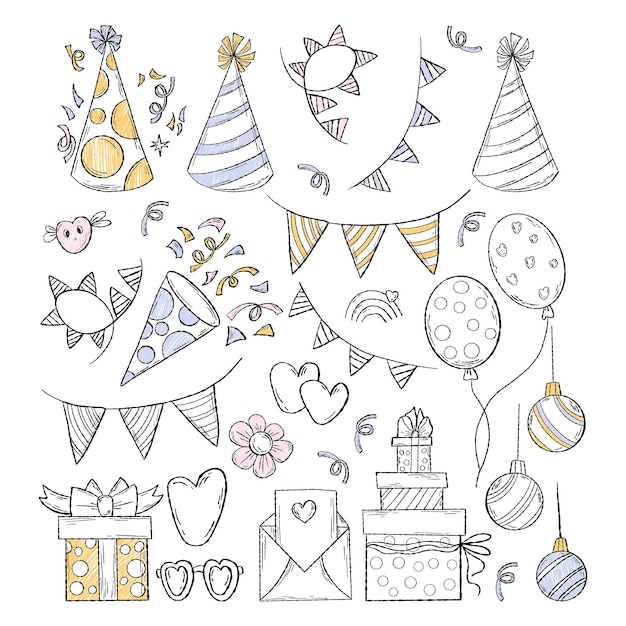 Ensemble Joyeux Anniversaire Et Vacances Doodles Contour Décoration De Fête Coffret Cadeau Boule De Noël Ballon Cadeau