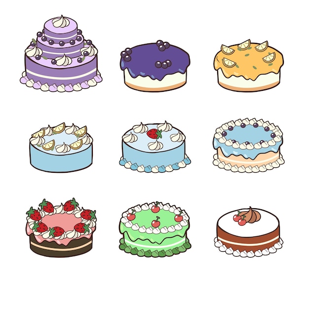 Ensemble De Kawaii Cakescakes Collection Cartoon Illustration Vectorielle De Différents Types De Beaux Et Mignons Gâteaux