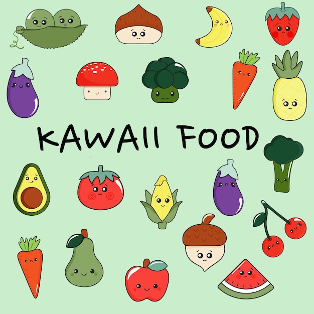 Un ensemble de kawaii souriant de nourriture saine