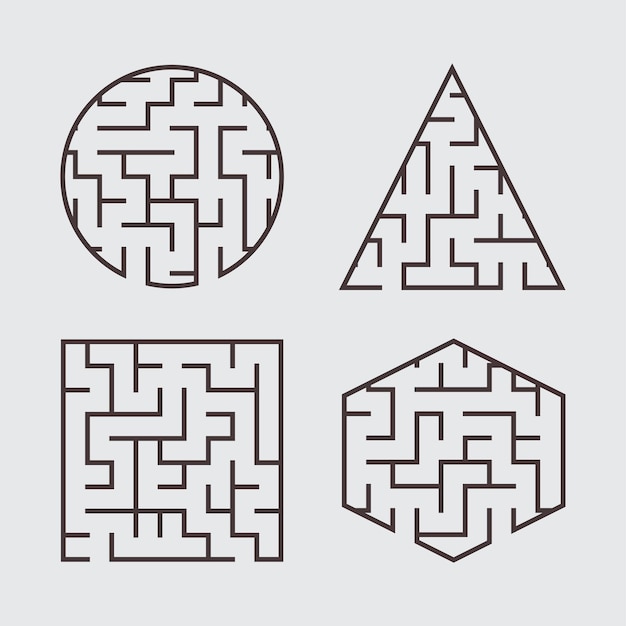 Un Ensemble De Labyrinthes Pour Enfants. Un Carré, Un Cercle, Un Hexagone, Un Triangle.