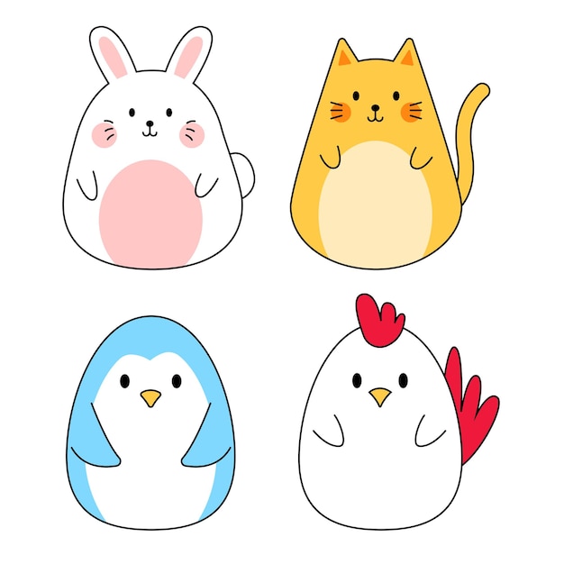 Ensemble De Lapin Pingouin Chat Et Poulet Animaux Mignons Dessin Animé Illustration Vectorielle De Couleur Pastel