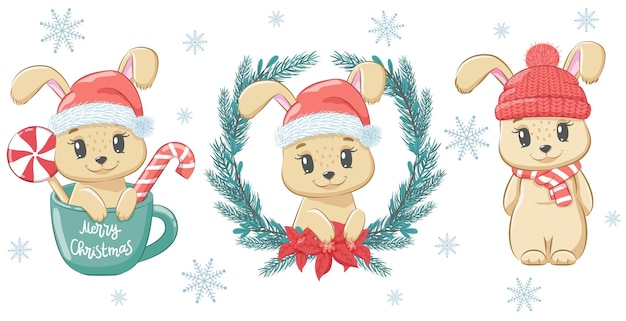 Un Ensemble De Lapins Mignons Pour Le Nouvel An Et Pour Noël. Illustration Vectorielle D'un Dessin Animé.