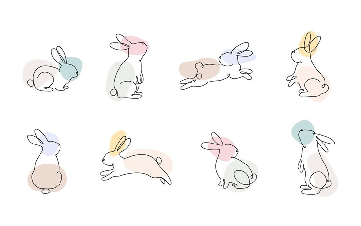 Vecteur ensemble de lapins de pâques dans un style de dessin simple d'une ligne icône de lapin coloré