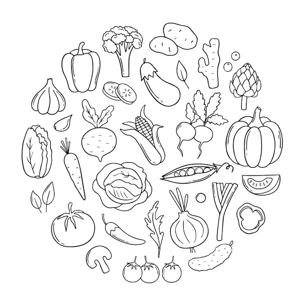 Ensemble de légumes dessinés à la main doodle en forme de cercle