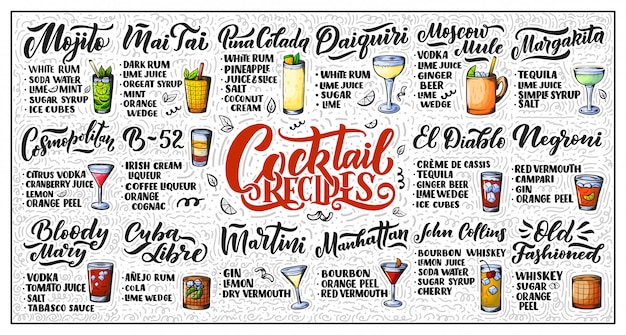 Vecteur ensemble de lettrage de recettes de cocktails.