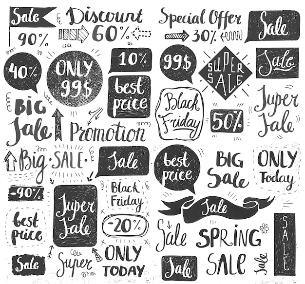 Vecteur ensemble de lettrage de vente doodle dessiné à la main, typographie, cadres, bulles. bannière de promotion au détail pour offre de réduction ou liquidation du black friday. noir et blanc