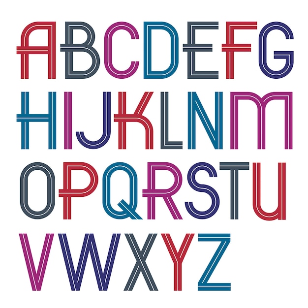 Vecteur ensemble de lettres de l'alphabet anglais majuscules vectorielles créées avec des rayures blanches, à utiliser dans la conception de logo pour les actualités et la société de radiodiffusion