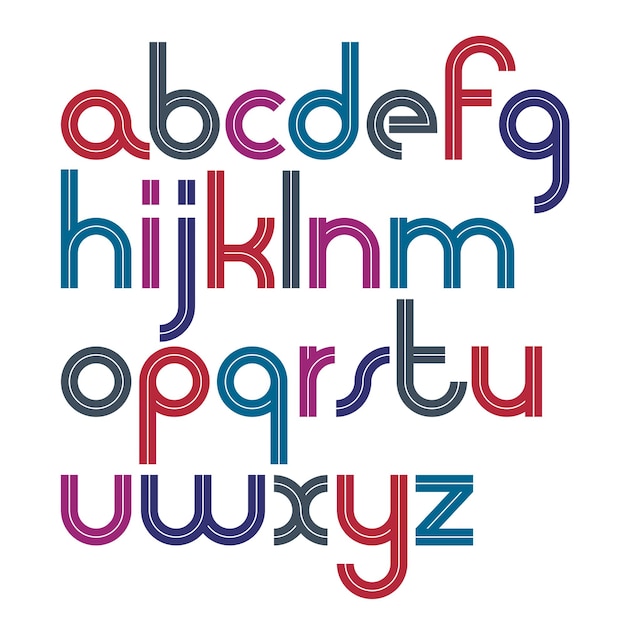 Ensemble de lettres de l'alphabet anglais minuscules arrondies vectorielles avec des rayures blanches, idéales pour une utilisation dans la conception de logotype d'entreprise.