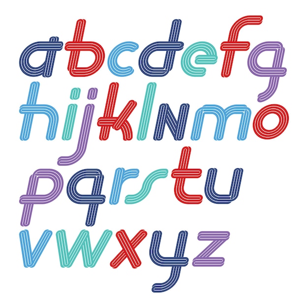 Ensemble de lettres de l'alphabet funky minuscules italiques vectorielles lumineuses isolées avec des lignes parallèles, peut être utilisé pour la création de logo dans le secteur du divertissement.
