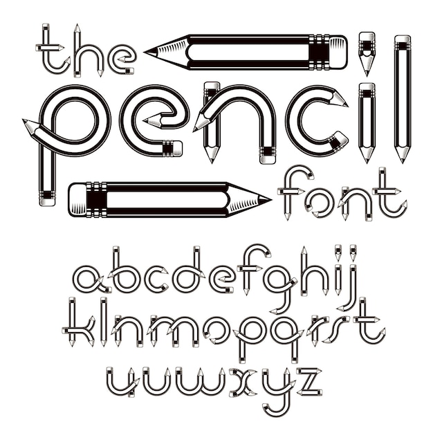 Ensemble de lettres de l'alphabet minuscules vectorielles isolées construites avec des crayons pointus, conception d'outils de bureau. Peut être utilisé pour la création de logo dans les entreprises d'ingénierie ou de construction.