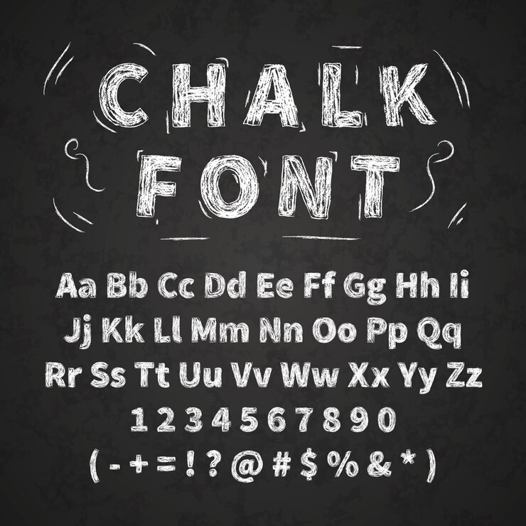 Ensemble de lettres de l'alphabet rétro dessinés à la main, dessin à la craie blanche sur tableau noir