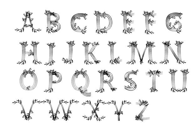 Ensemble De Lettres Alphabet Silhouette Noire Algues Sous-marine Océan Plante éléments De Corail De Mer Illustration Vectorielle Plane Sur Fond Blanc