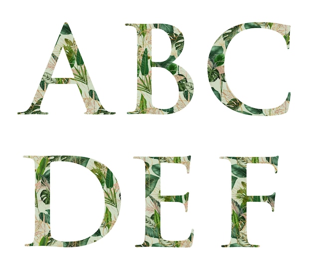 Vecteur ensemble de lettres florales abcdef avec imprimé design tropical