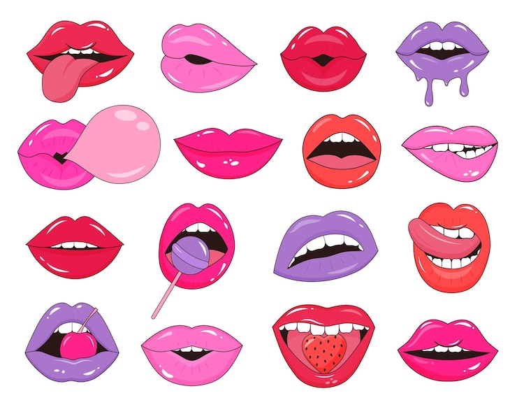 Vecteur ensemble de lèvres féminines brillantes autocollants pop art patchs de mode dans un style rétro lèvres de femmes sexy