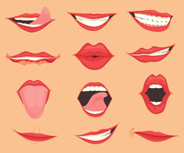 Vecteur ensemble de lèvres féminines avec diverses émotions et expressions de la bouche. illustration vectorielle