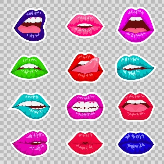 Ensemble De Lèvres De Femme Pop Art. Bouche Sexy. Lèvres Femelles De Couleur Brillante.