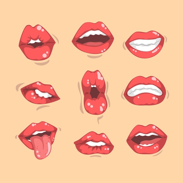 Ensemble de lèvres de femmes rouges brillantes montrant différentes émotions Bouches féminines avec des dents blanches Éléments graphiques pour autocollant d'application mobile ou affiche promotionnelle Icônes de style dessin animé Conception vectorielle plate colorée
