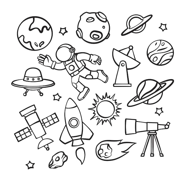 Un ensemble de lignes de contours mignons dessinées à la main illustration de l'exploration spatiale astronomie planète astronaute