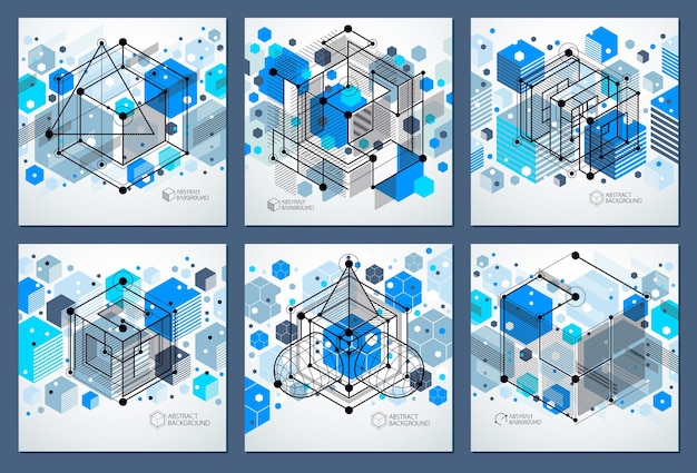 Ensemble de lignes et de formes vectorielles abstraites d'arrière-plans bleus 3D isométriques. Schéma abstrait du moteur ou du mécanisme d'ingénierie. Disposition des cubes, hexagones, carrés, rectangles et différents éléments.