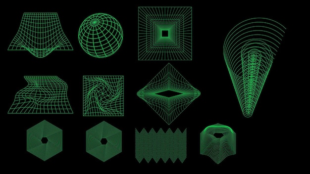 Ensemble de lignes de grille d'éléments filaires vectoriels Y2K dans le style filaire vert des années 00, 80 ou 90, style cyberpunk rétro