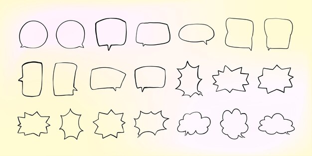 Ensemble de lignes simples, bulles de parole dessinées à la main, de différentes formes, fond en gradient, ensemble de bulles de paroles dessinées par la main, contexte en gradient.