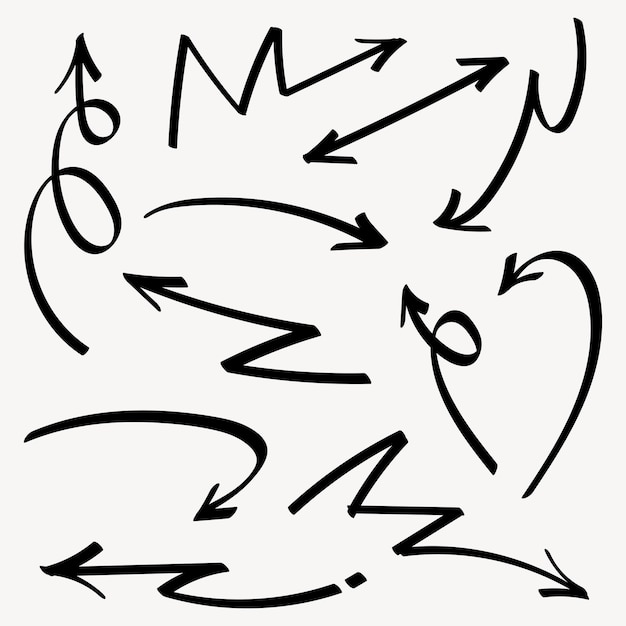 Ensemble de lignes simples dessinées à la main flèches noires dans différents styles