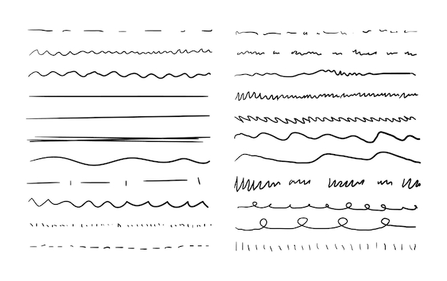 Vecteur ensemble de lignes vectorielles, peintures à l'encre noire isolées sur fond blanc, ensemble de dessins, traits de soulignement abstraits.