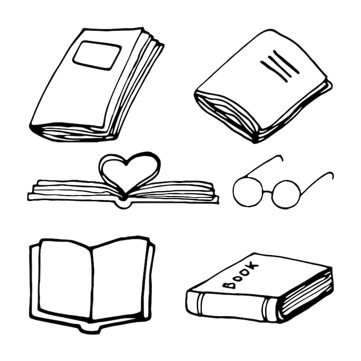 Vecteur ensemble de livres dessinés à la main. doodle illustrations vectorielles dans un style scandinave mignon. élément pour cartes de voeux, affiches, autocollants et design saisonnier. isolé sur fond blanc