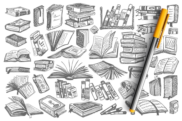 Ensemble De Livres Doodle. Collection De Couvertures De Livres Et De Pages De L'université De L'école De Bibliothèque Pédagogique