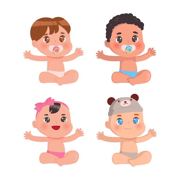 Ensemble De Logo Adorable Bébé De Différentes Races. Heureux Enfant En Bas âge Garçon Et Fille.