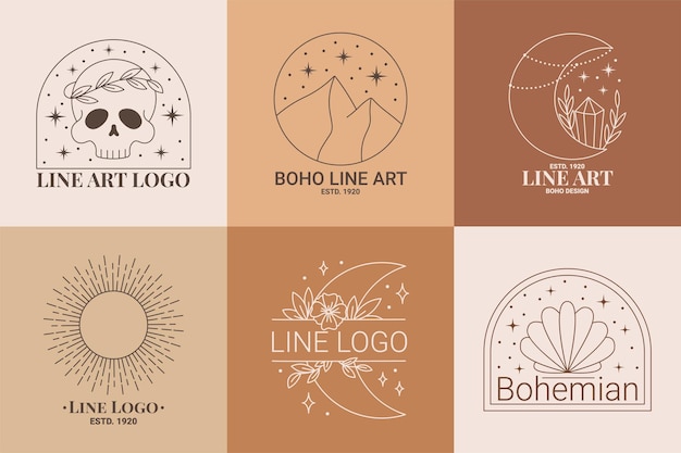Vecteur ensemble de logo ésotérique boho mystic doodle icône d'art en ligne magique avec lune de cactus soleil clé papillon