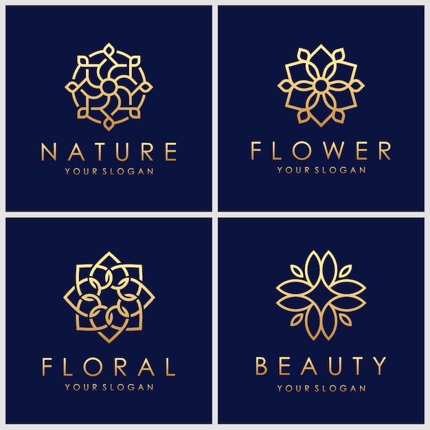 Vecteur ensemble de logo fleur élégant doré minimaliste avec le concept de dessin au trait.