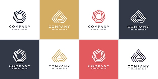 Ensemble de logo hexagonal et triangle avec style de dessin au trait Vecteur Premium