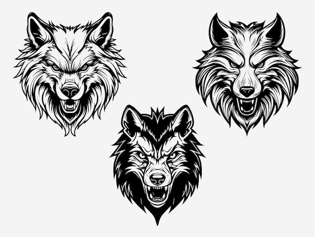 ensemble de logo illustration tête de loup noir et blanc